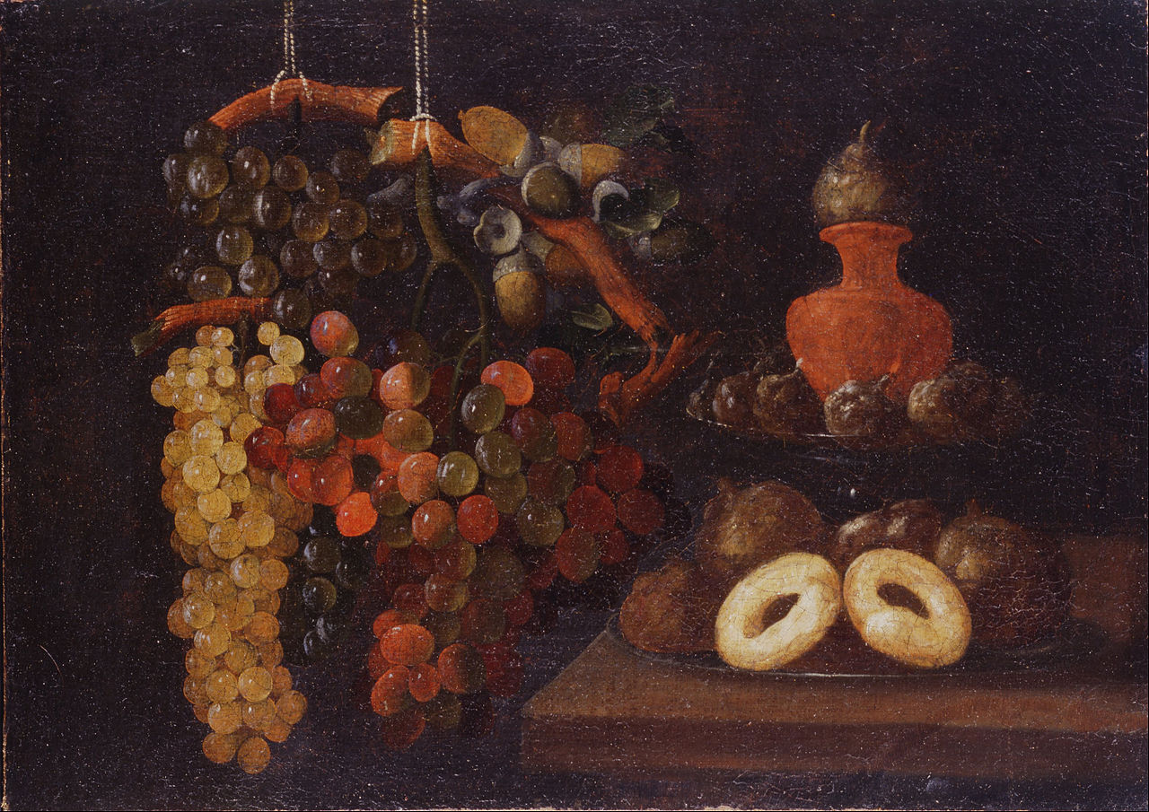 Still Life with Grapes and Cakes, vintage artwork by Juan Bautista de Espinosa, 12x8" (A4) Poster