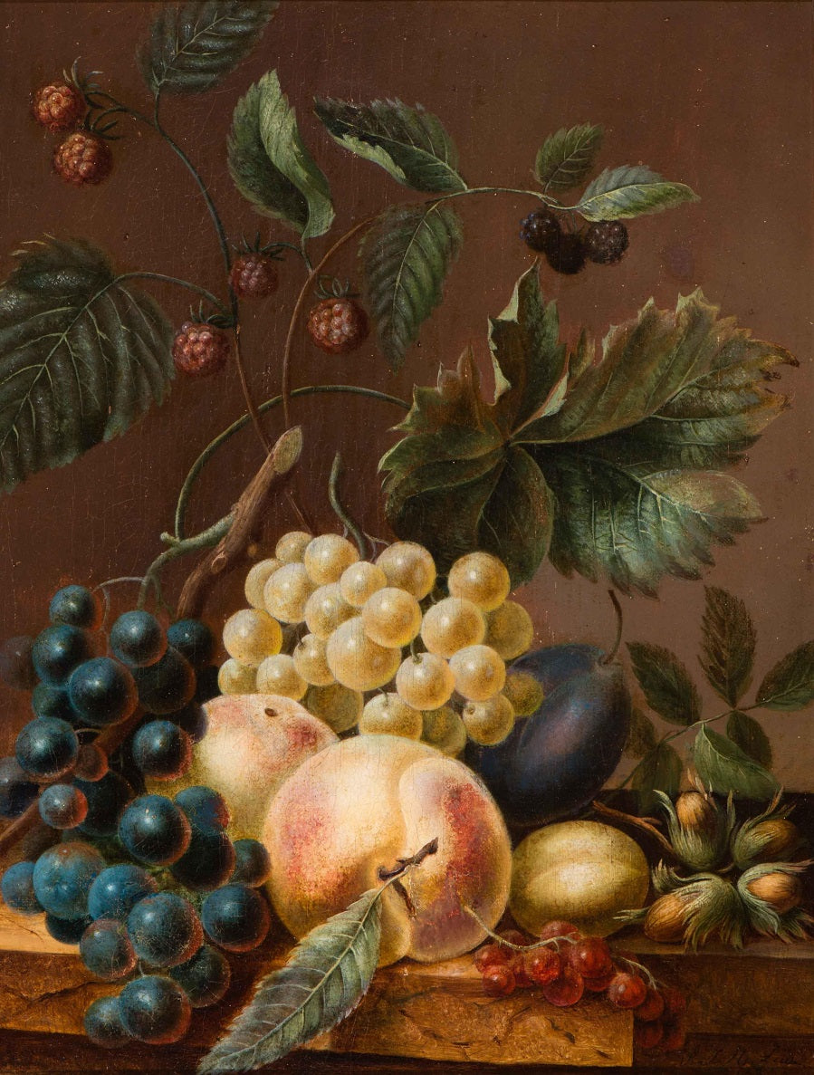 Still life of fruit and nuts on a plinth, vintage artwork by Adriana Johanna Haanen, A3 (16x12") Poster Print