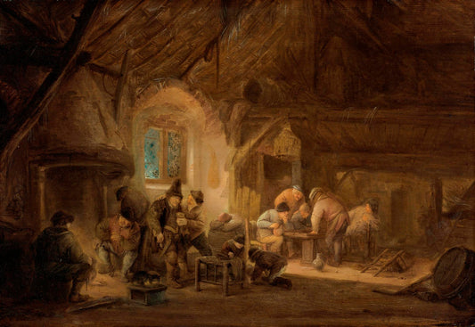 Rustic Interior with Peasants Drinking and Gaming, vintage artwork by Isaac van Ostade, 12x8" (A4) Poster
