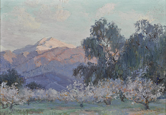 Evening Glow, Mt. San Jacinto, Almond Trees, vintage artwork by Anna Althea Hills, 12x8" (A4) Poster