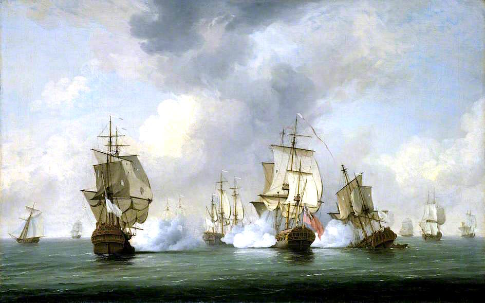 Commodore Walker's Action: The Privateer 'Boscawen' Engaging a Fleet of French Ships, 23 May 1745, vintage artwork by Charles Brooking, 12x8" (A4) Poster