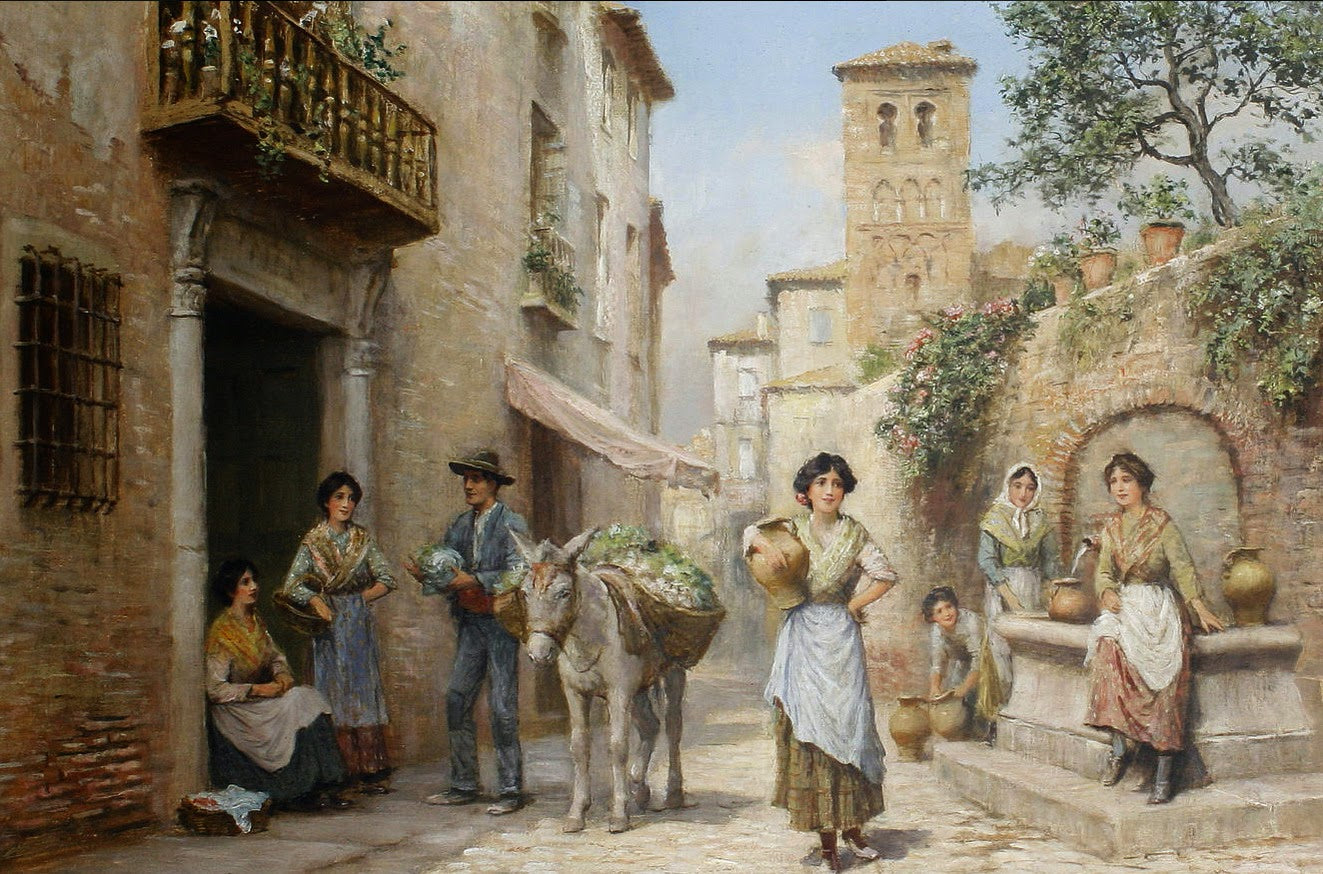 Figures by  an Italian fountain, vintage artwork by Arthur Trevor Haddon, 12x8" (A4) Poster