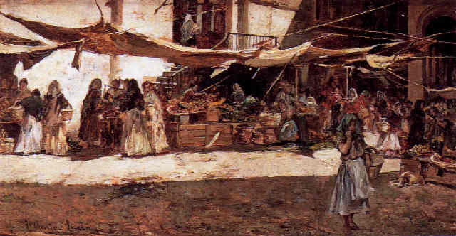 Plaza del mercado, vintage artwork by Tomas Munoz Lucena, 12x8" (A4) Poster