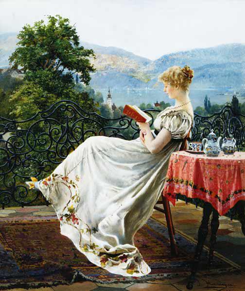 Reading on the Terrace, vintage artwork by Johann Hamza, 12x8" (A4) Poster