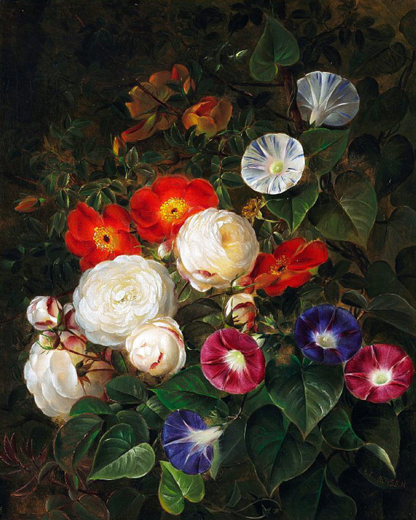 Roses and bindweed, vintage artwork by Johan Laurentz (J.L.) Jensen, A3 (16x12") Poster Print