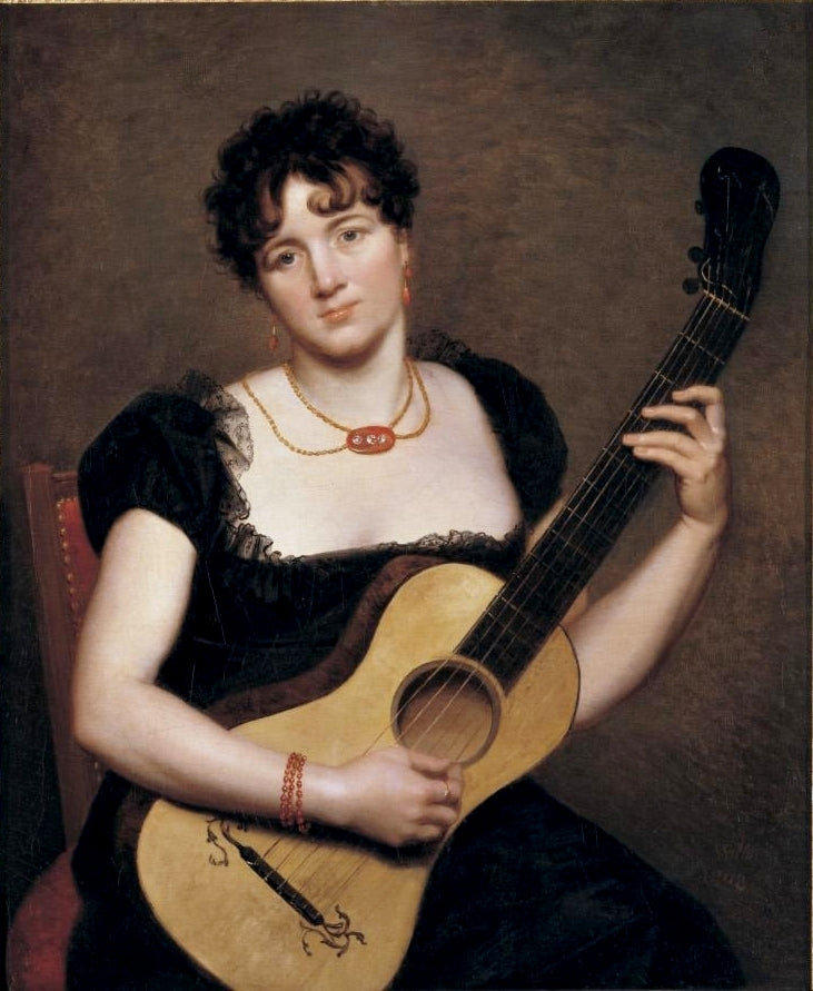 Portrait of a Young Lady with a Guitar, vintage artwork by Jacques-Antoine Vallin, 12x8" (A4) Poster