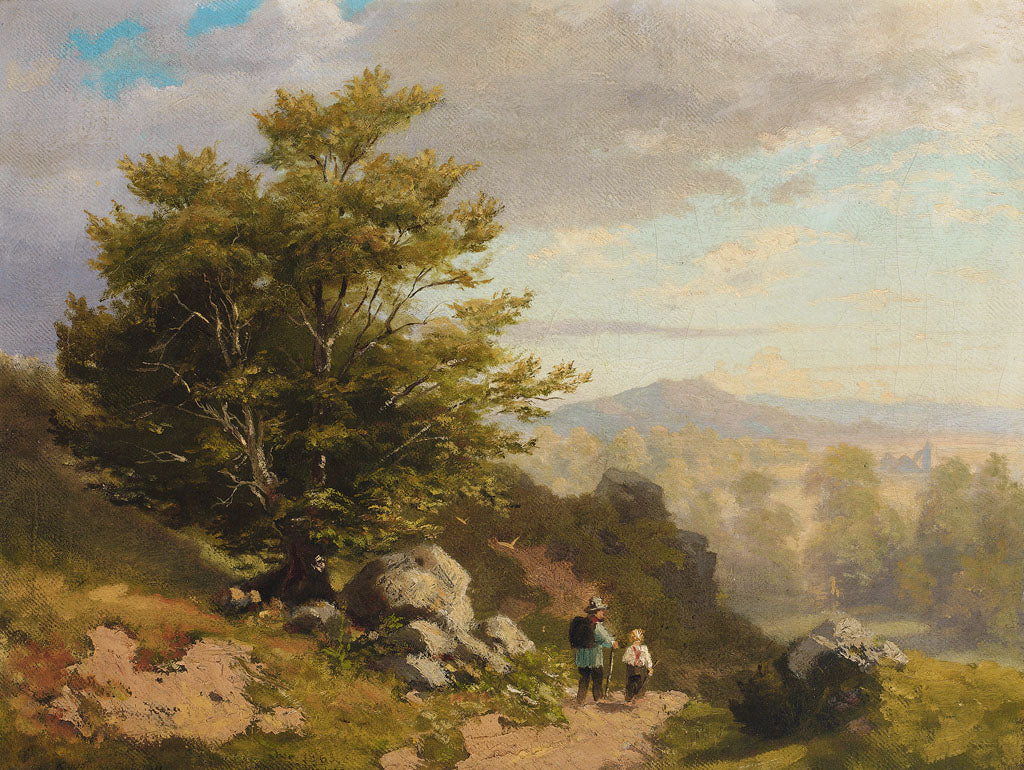 Alpine landscape with two hikers on a sunny summer day, vintage artwork by Hans Thoma, 12x8" (A4) Poster