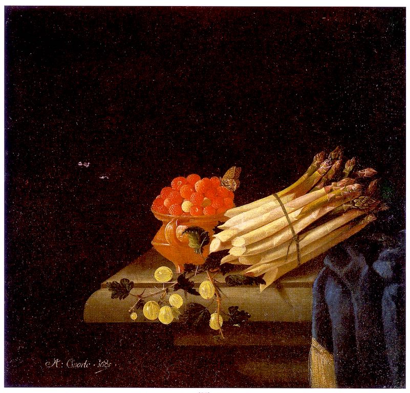 Strawberries, Asparagus, and Gooseberries with a Tablecloth, vintage artwork by Adriaen Coorte, 12x8" (A4) Poster