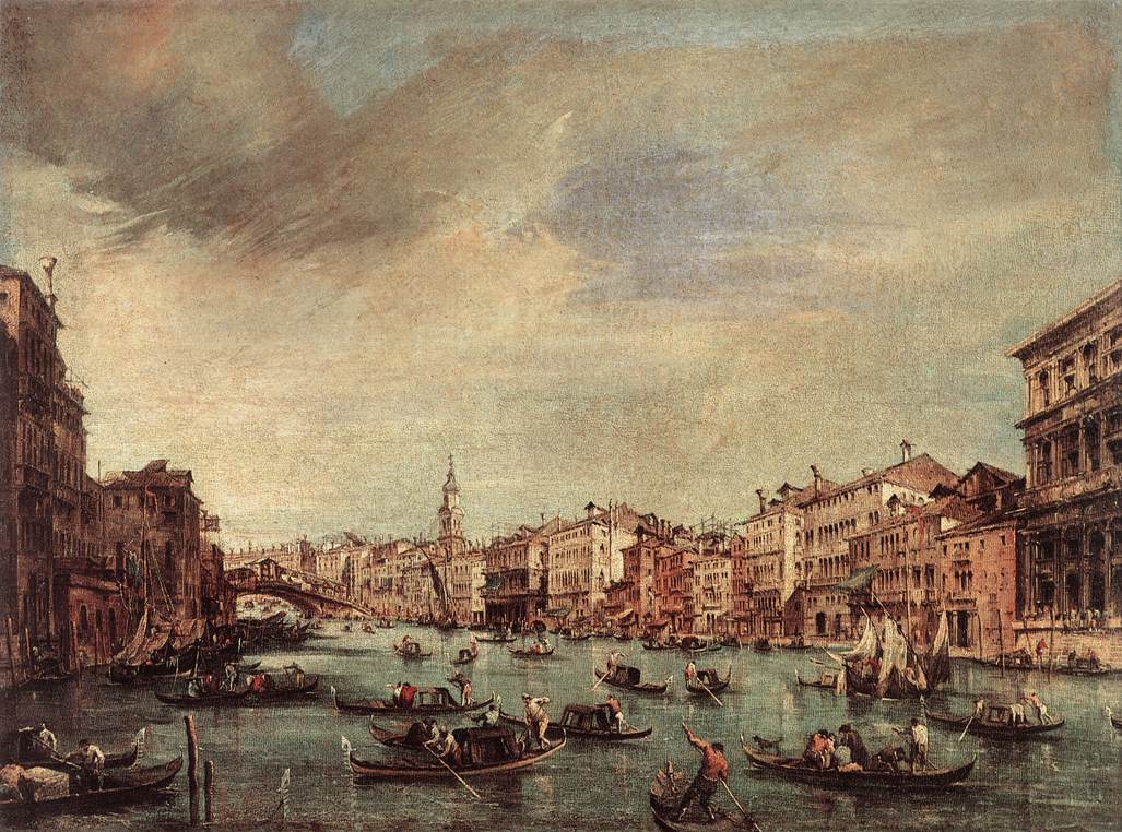 The Grand Canal looking towards the Rialto Bridge, vintage artwork by Francesco Guardi, 12x8" (A4) Poster