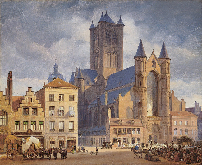 The Markplatz and Nikolaikirche, Gent, vintage artwork by Eduard Gaertner, A3 (16x12