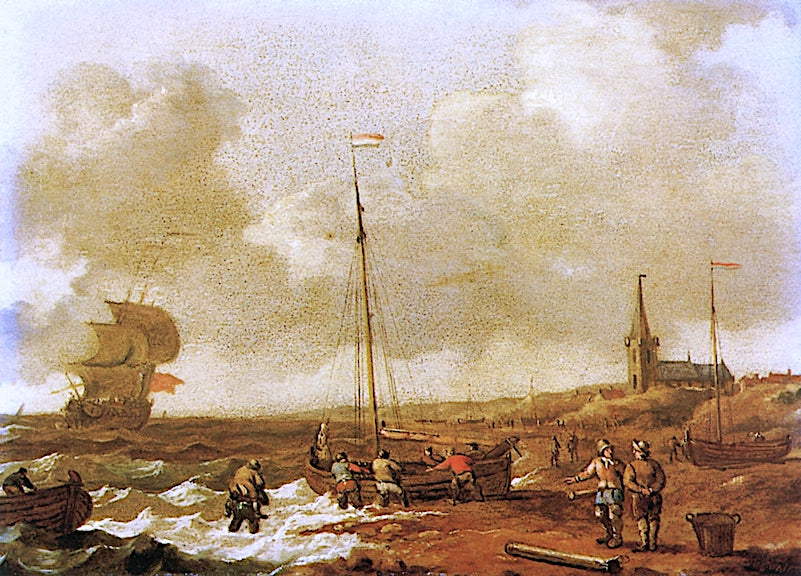 A Fishing Boat being Launched off the Dutch coast, vintage artwork by Francis Swaine, 12x8" (A4) Poster