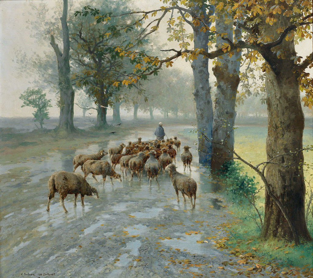 Flock of sheep on a rainy autumn day, vintage artwork by Adolf Kaufmann, 12x8" (A4) Poster
