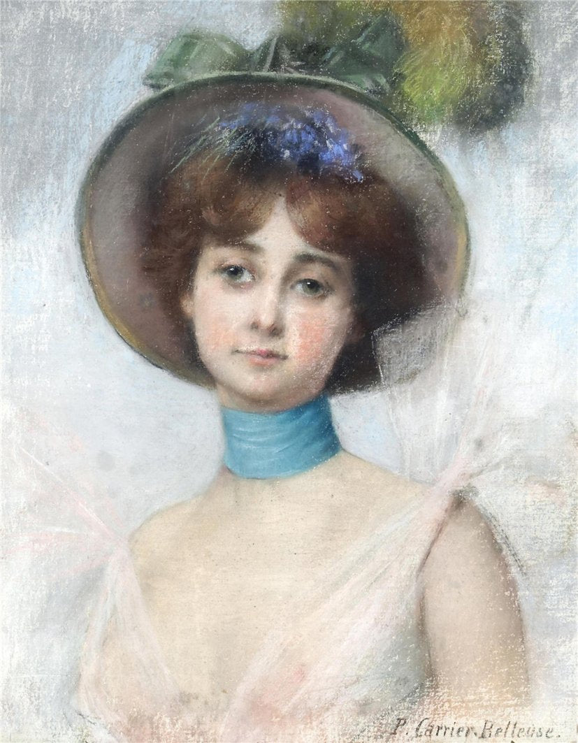Portrait of a Lady in a Spring Bonnet, vintage artwork by Pierre Carrier-Belleuse, 12x8" (A4) Poster