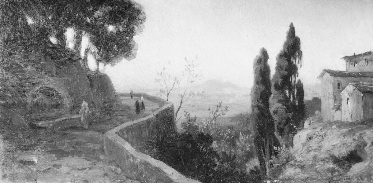 Landscape near Naples with Pines, vintage artwork by Follower of Oswald Achenbach, 12x8" (A4) Poster