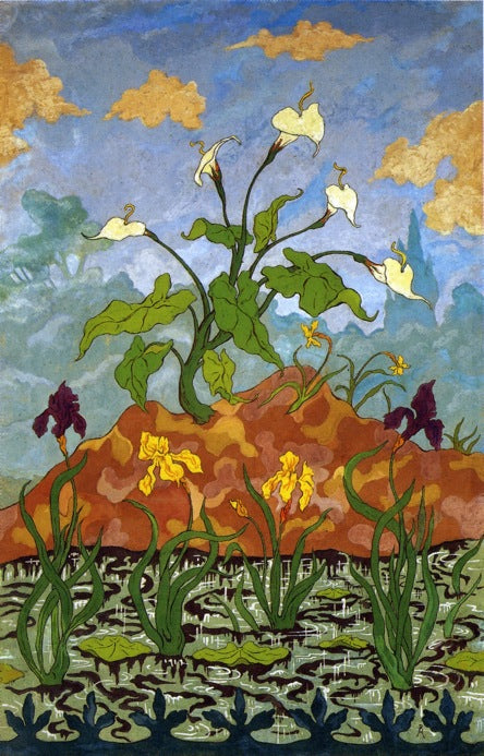 Four Decorative Panels: Arums and Purple and Yellow Irises, vintage artwork by Paul Ranson, 12x8