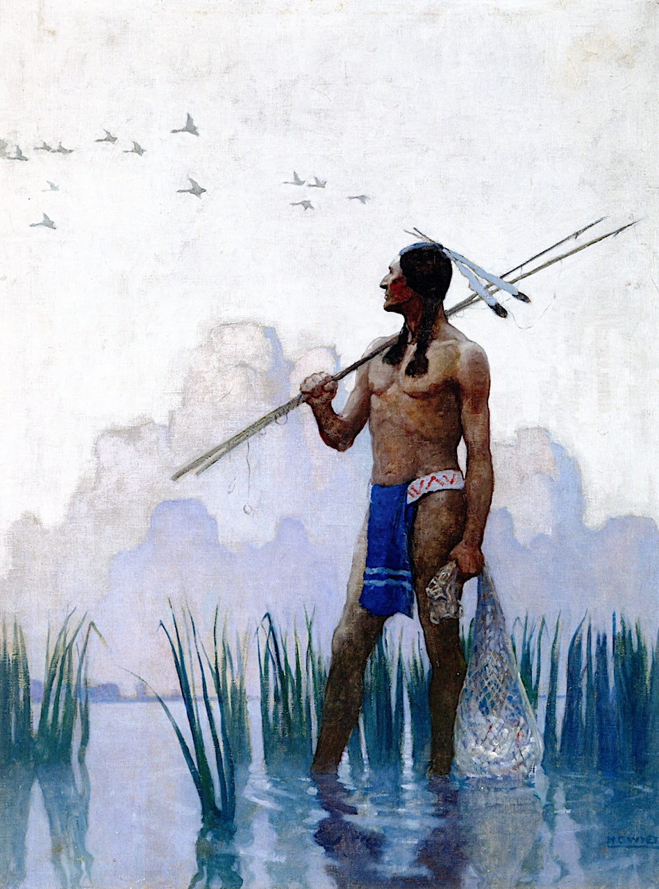 Indian Brave Fishing, vintage artwork by Newell Convers (N.C.) Wyeth, 12x8" (A4) Poster