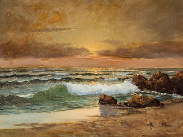 Ocean View at Sunset, vintage artwork by Pavel Svedomsky, 12x8" (A4) Poster