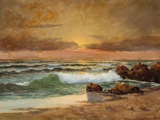 Ocean View at Sunset, vintage artwork by Pavel Svedomsky, 12x8" (A4) Poster