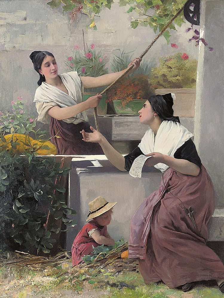 Gossips at the well, vintage artwork by Auguste Hirsch, 12x8" (A4) Poster