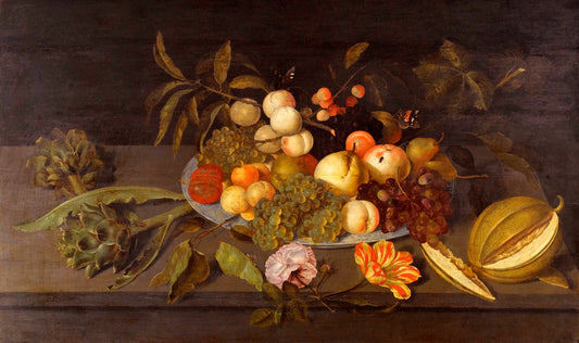 Still Life with Apples, Pears, Grapes and other Fruits in a Porcelain Bowl, vintage artwork by Johannes Bosschaert, 12x8" (A4) Poster