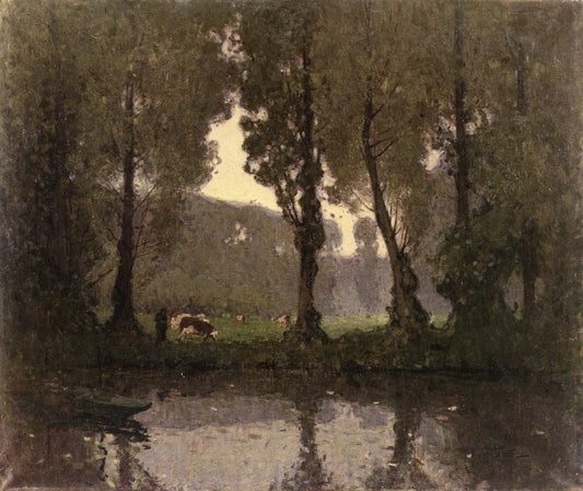 Cows by  a Pond, vintage artwork by Pierre-Eugène Montezin, 12x8" (A4) Poster