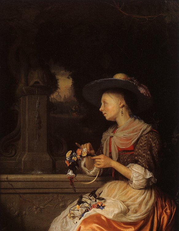 Young Woman Weaving a Garland, vintage artwork by Godfried Schalcken, 12x8" (A4) Poster