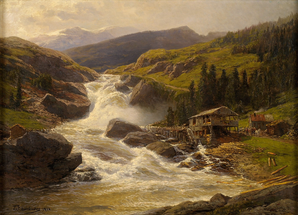 Norwegian Waterfall with Sawmill, vintage artwork by Themistolles von Eckenbrecher, 12x8" (A4) Poster
