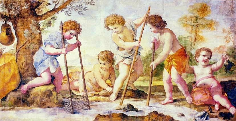 Boys fishing, vintage artwork by Giovanni Francesco Romanelli, 12x8" (A4) Poster