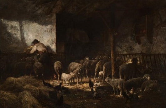 Interior with Sheep and Shepherd, vintage artwork by Charles-Émile Jacque, A3 (16x12") Poster Print