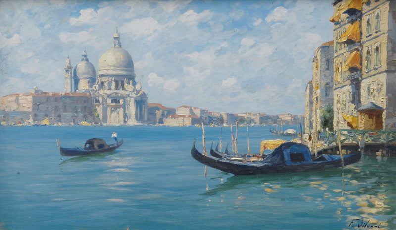 View over the Grand Canal on S. Maria della Salute, vintage artwork by Ferdinando Silvani, 12x8" (A4) Poster