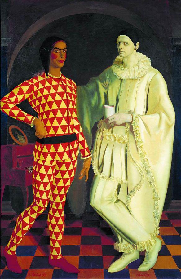 Pierrot and Harlequin, vintage artwork by Alexander Evgenievich Yakovlev, 12x8" (A4) Poster