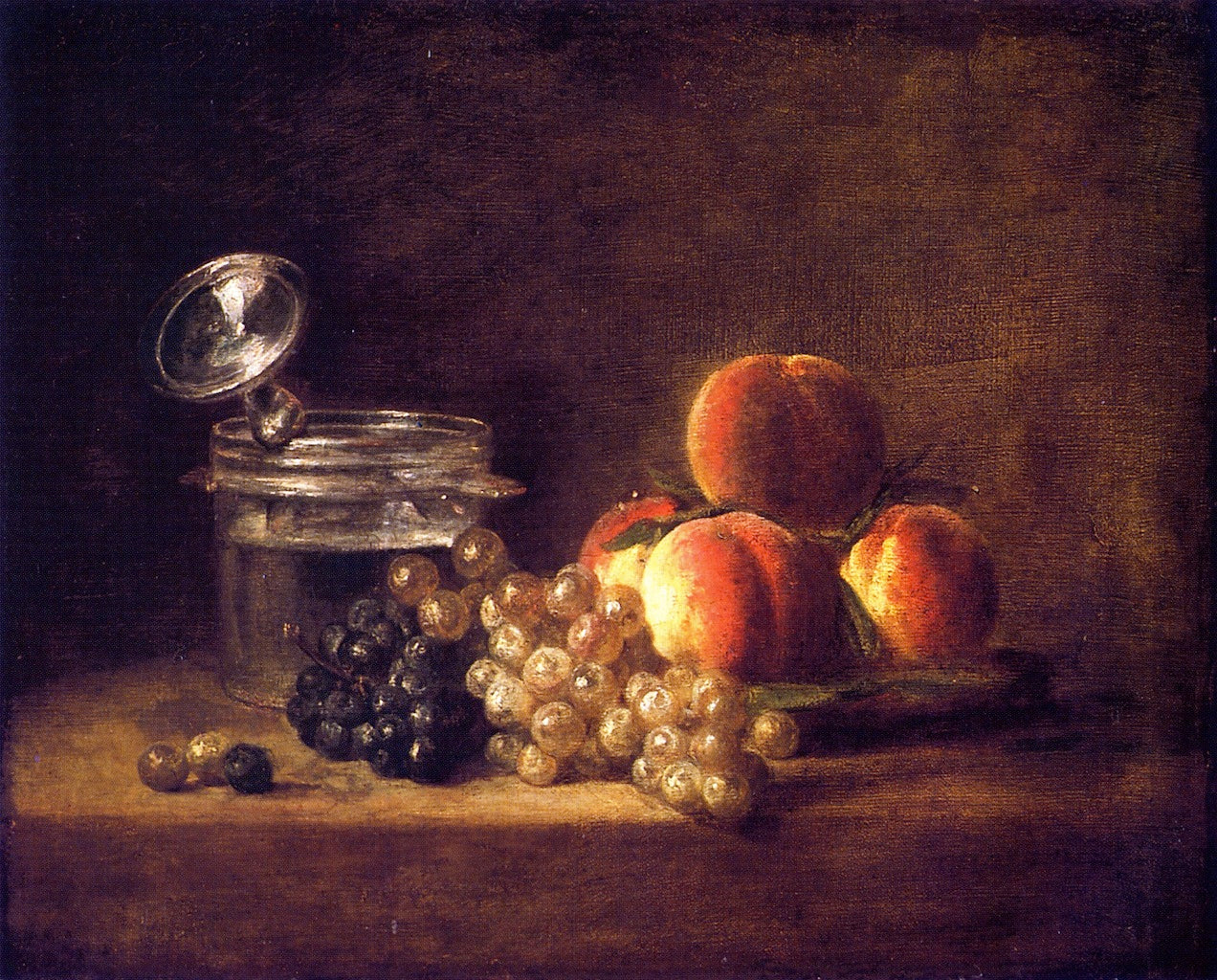 Basket of Peaches and Red and White Grapes with Wine Cooler and Stemmed Glass, vintage artwork by Jean-Baptiste-Simeon Chardin, 12x8" (A4) Poster