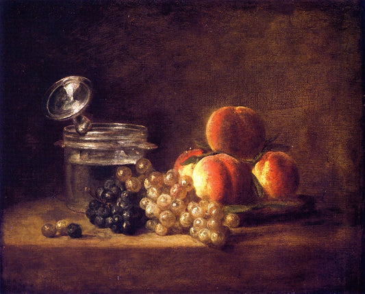 Basket of Peaches and Red and White Grapes with Wine Cooler and Stemmed Glass, vintage artwork by Jean-Baptiste-Simeon Chardin, 12x8" (A4) Poster