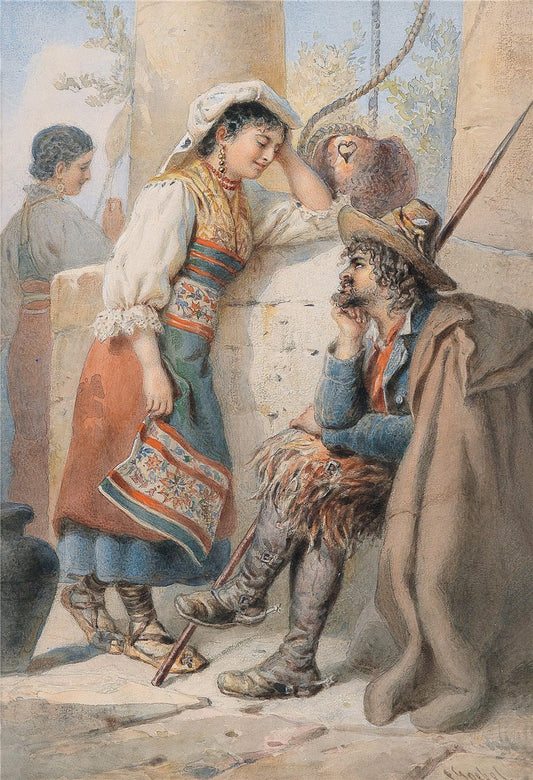 Brigand and Italian Girl, vintage artwork by Carl Goebel, 12x8" (A4) Poster