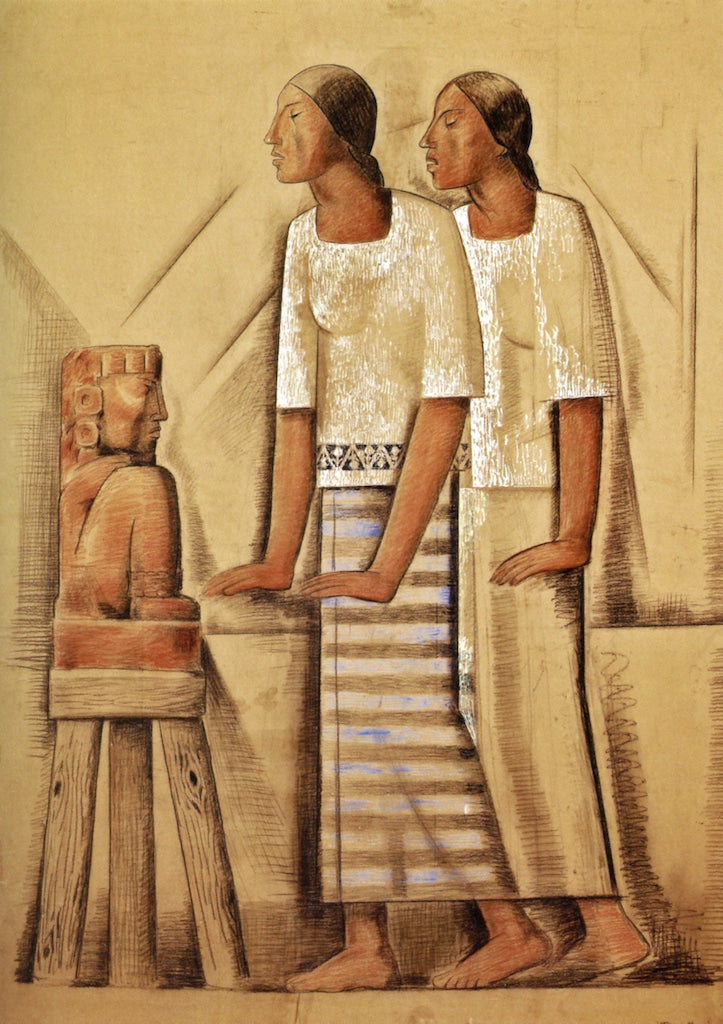 Dos Mujeres ante el Ídolo, vintage artwork by Alfredo Ramos Martinez, 12x8" (A4) Poster