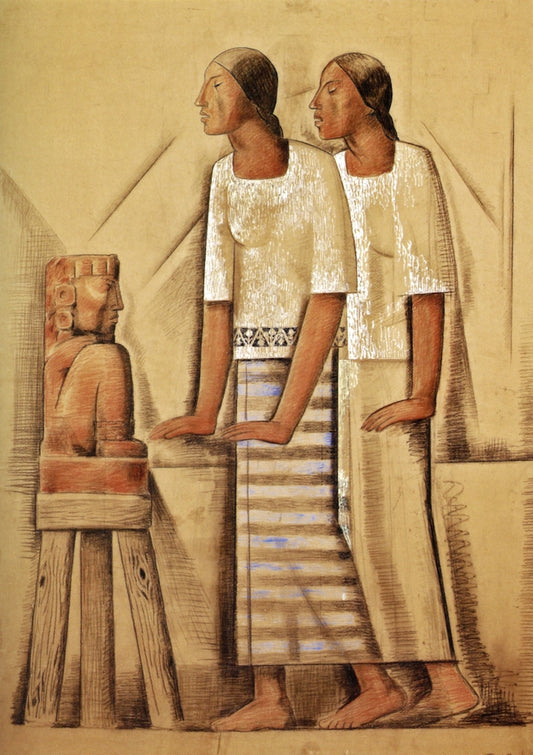 Dos Mujeres ante el Ídolo, vintage artwork by Alfredo Ramos Martinez, 12x8" (A4) Poster