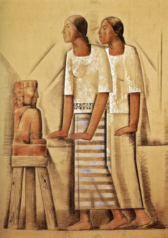 Dos Mujeres ante el Ídolo, vintage artwork by Alfredo Ramos Martinez, 12x8