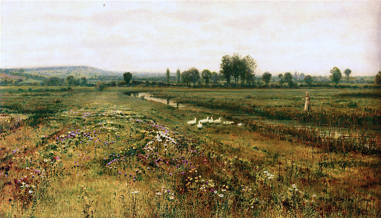 An Extensive Meadow Landscape with Geese by  a Stream, vintage artwork by John Atkinson Grimshaw, 12x8" (A4) Poster