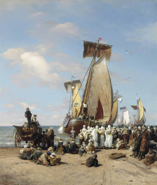Depature of the Herring Fishermen in Scheveningen, vintage artwork by Andreas Achenbach, A3 (16x12") Poster Print