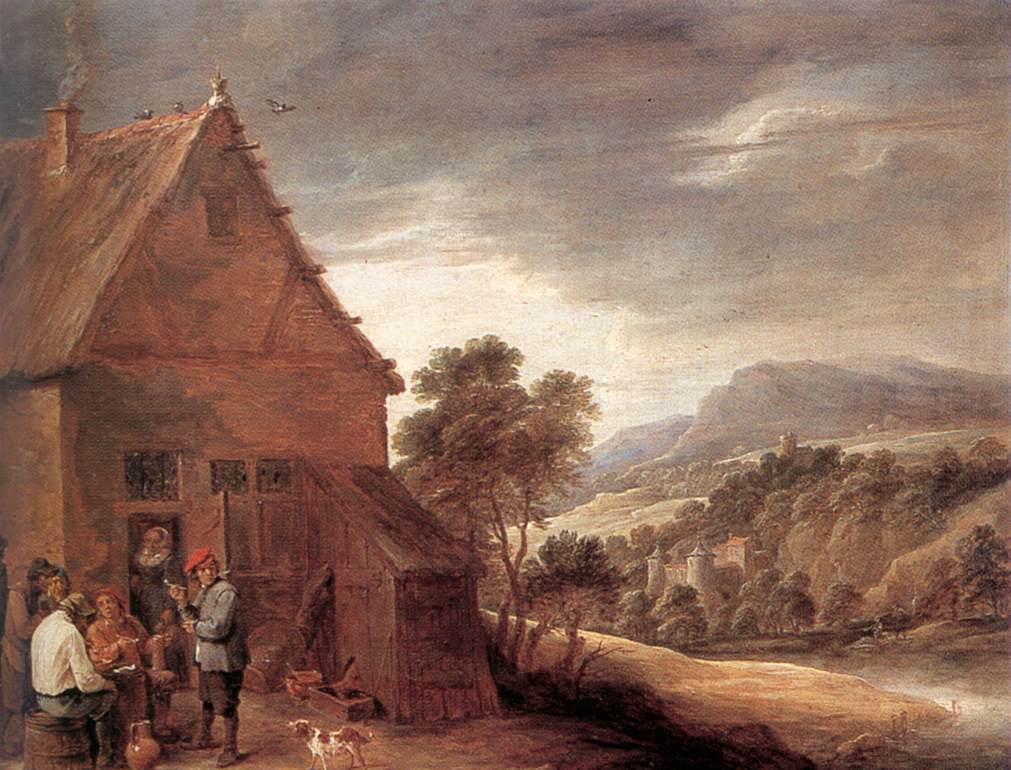 Before the Inn, vintage artwork by David Teniers (II), 12x8" (A4) Poster