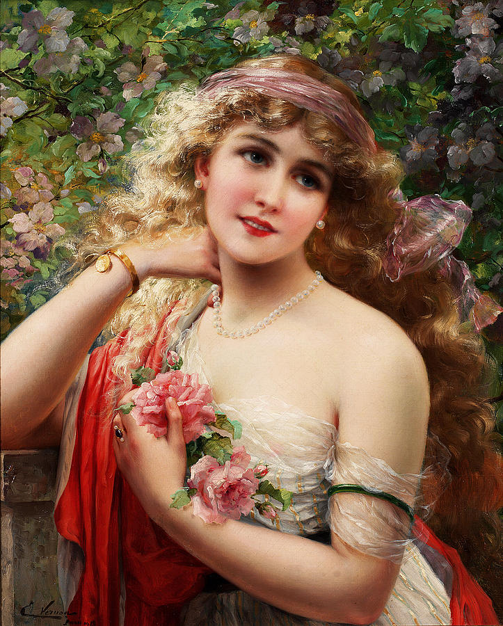 Young Lady With Roses by Emile Vernon,16x12(A3) Poster