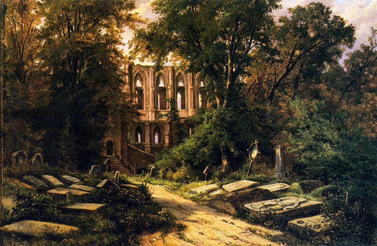 Cemetery by  a Ruined Gothic Church, vintage artwork by Herman Lungkwitz, A3 (16x12") Poster Print