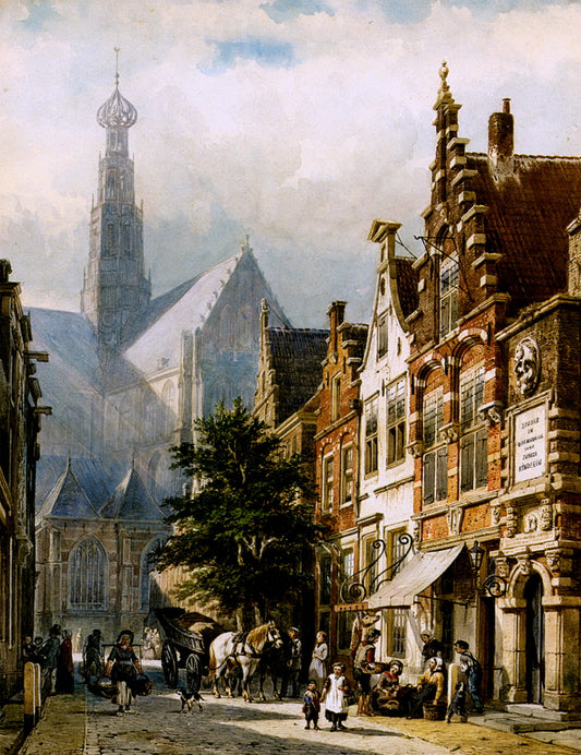 Many figures in the streets of Haarlem, vintage artwork by Cornelis Springer, A3 (16x12") Poster Print
