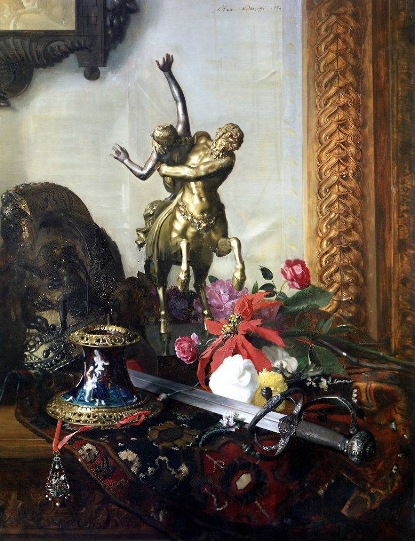 Still Life with a Bronze Statue, vintage artwork by Blaise Alexandre Desgoffe, 12x8" (A4) Poster