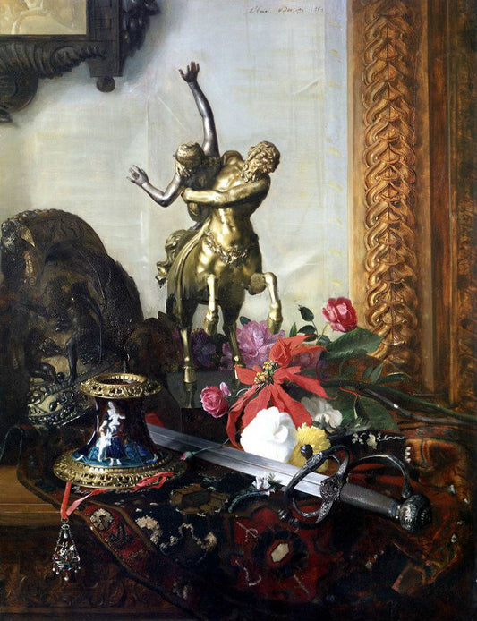 Still Life with a Bronze Statue, vintage artwork by Blaise Alexandre Desgoffe, 12x8" (A4) Poster