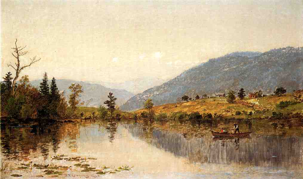 Fishing on a Lake, vintage artwork by Jasper Francis Cropsey, 12x8" (A4) Poster