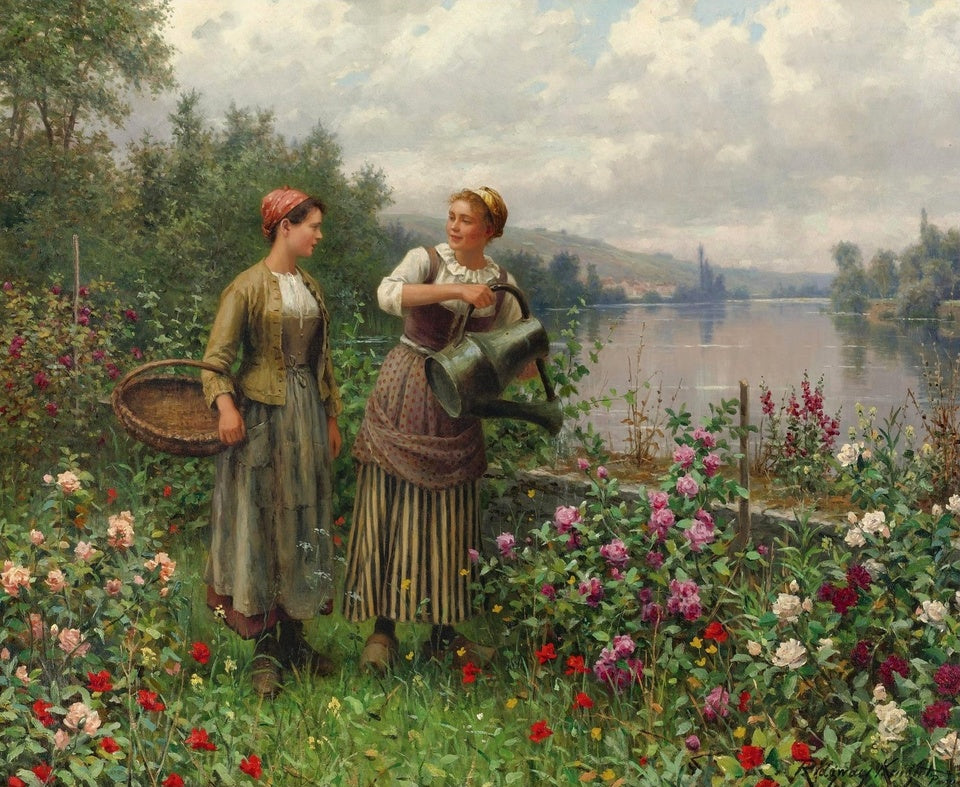 Madeleine and Maria on the Terrace, vintage artwork by Daniel Ridgway Knight, 12x8" (A4) Poster