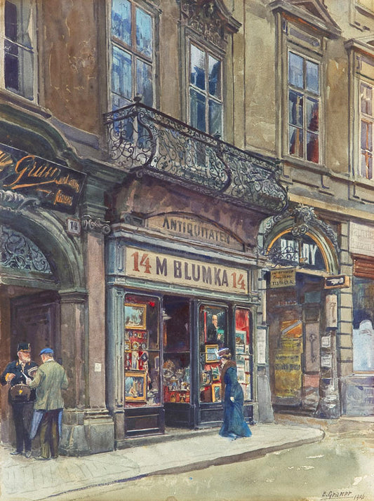Moses Blumka shop, Vienna, vintage artwork by Ernst Graner, 12x8" (A4) Poster