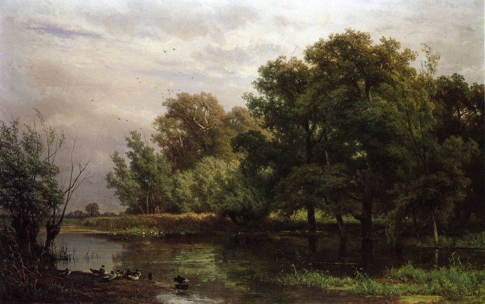 A Wooded River Landscape with Ducks on a Bank, vintage artwork by Jan Willem van Borselen, 12x8" (A4) Poster