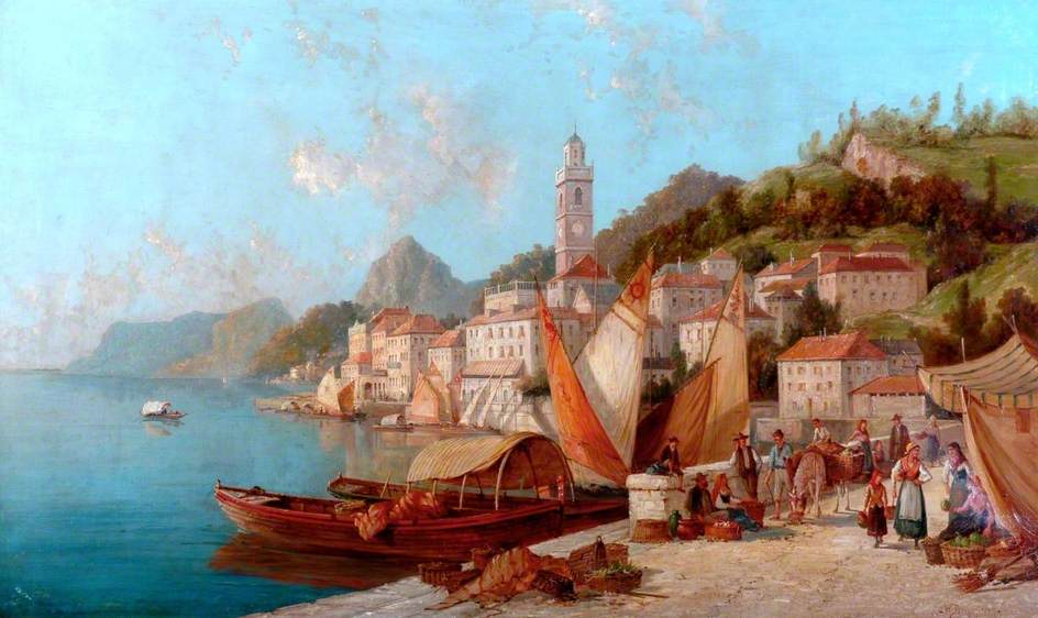 Coast Scene, Bellagio, Lake Como, vintage artwork by William Raymond Dommersen, 12x8" (A4) Poster